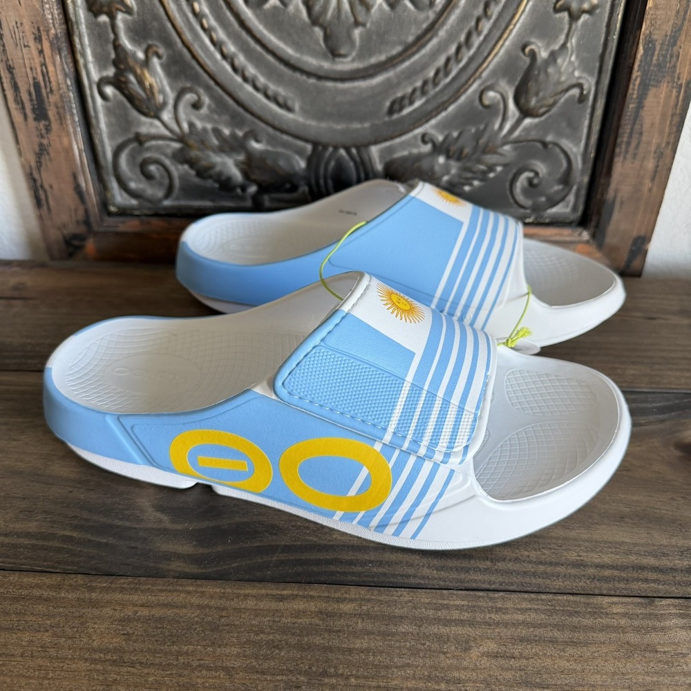 NWT OOFOS ARGENTINA Ooahh Sport Flex Slide Sz 10 Recovery Sandal Comfort Messi